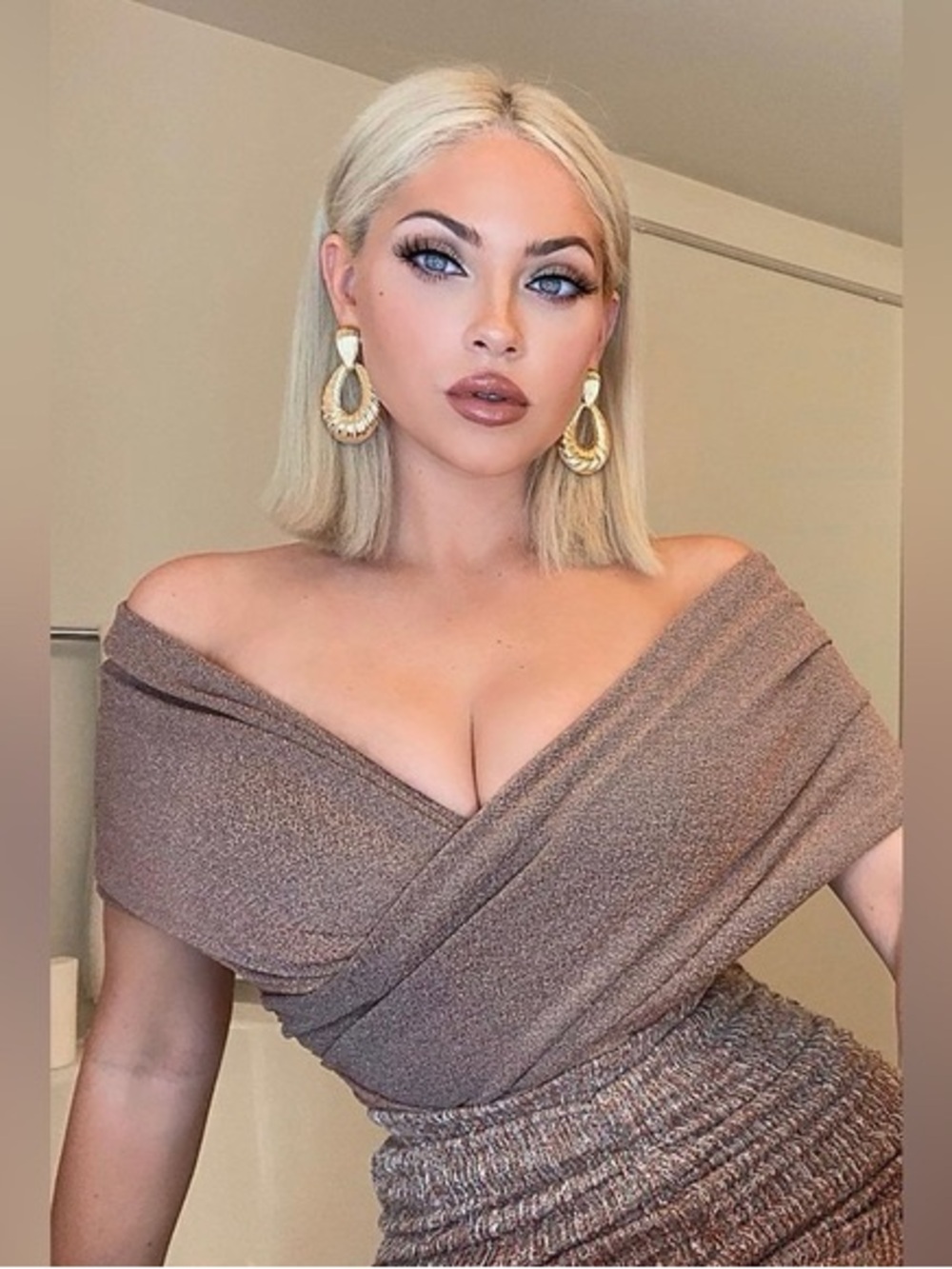 Fashion Nova Shimmery Bronze Off-Shoulder Bodysuit - Picture 3 of 6